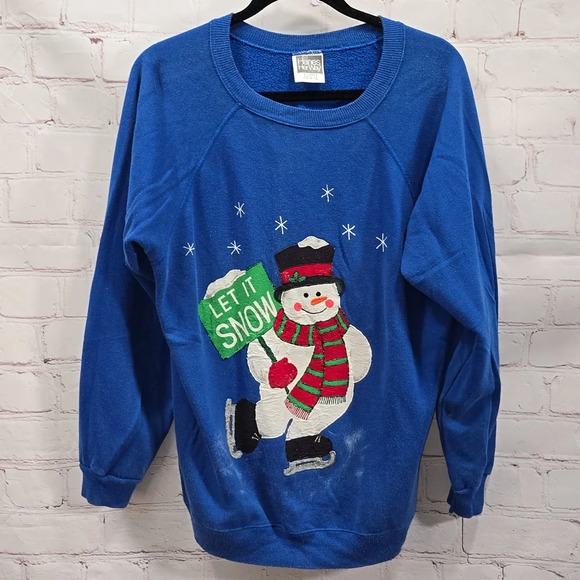 Homemade Vintage 90 Hanes Her Way Skating Snowman Long Sleeve Sweatshirt Size XL - Picture 1 of 11